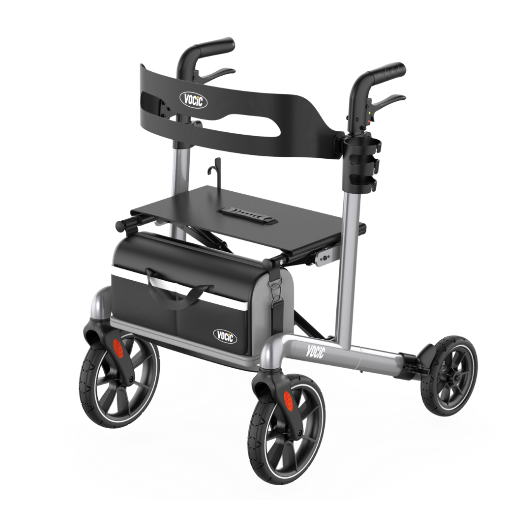 Experience enhanced mobility with the Comfort Glide Indoor & Outdoor Rollator | VOCIC Z66, a modern, lightweight walker featuring four large wheels, a comfortable seat and backrest, and an attached storage bag. This adjustable rollator comes in a stylish silver frame with black accents and ergonomic handles for superior support.